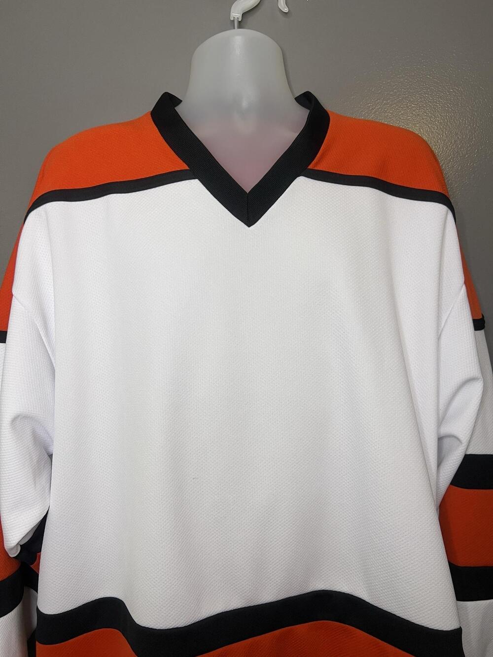 K1 Sportswear Hockey Jersey Mens Large White Orange Black Striped Long Sleeve